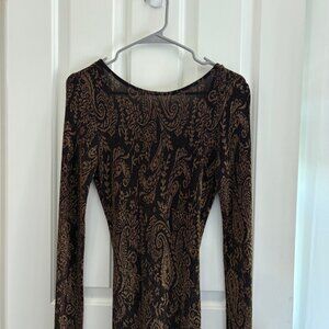Open Back Long Sleeve Black Gold Paisley Sheer Maxi Bodycon Dress